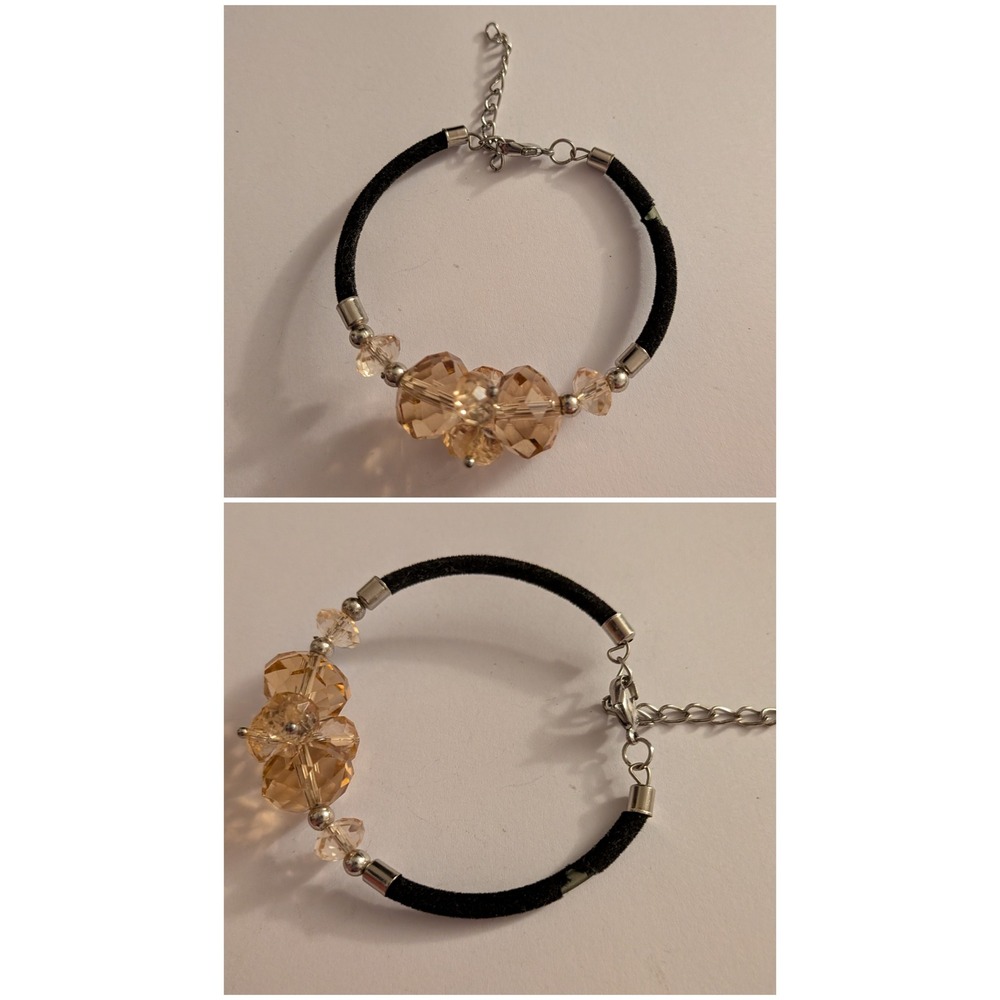 Champagne Crystal Beaded Cord Bracelet Silver Tone Lobster Clasp Extender Chain